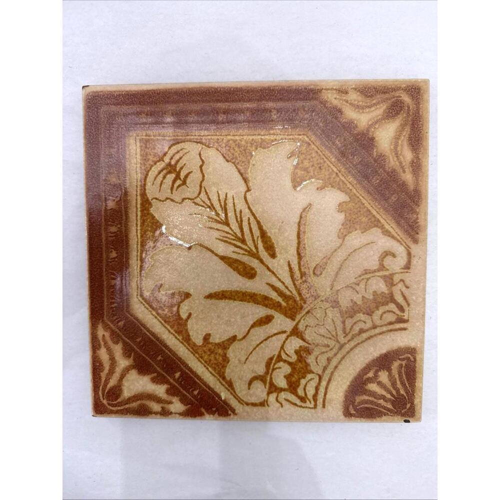 VTG Ceramic Art Tile Trivet 8” Made Italy Floral Hand Painted Brown Neutral